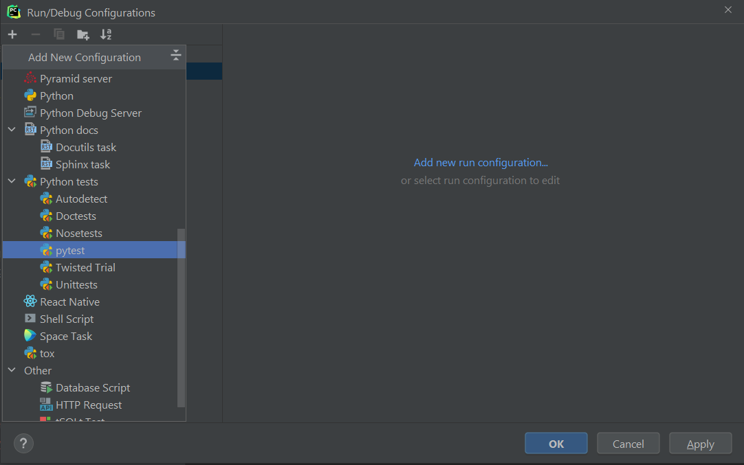 Run/Debug Configurations dialog Add New Configuration menu