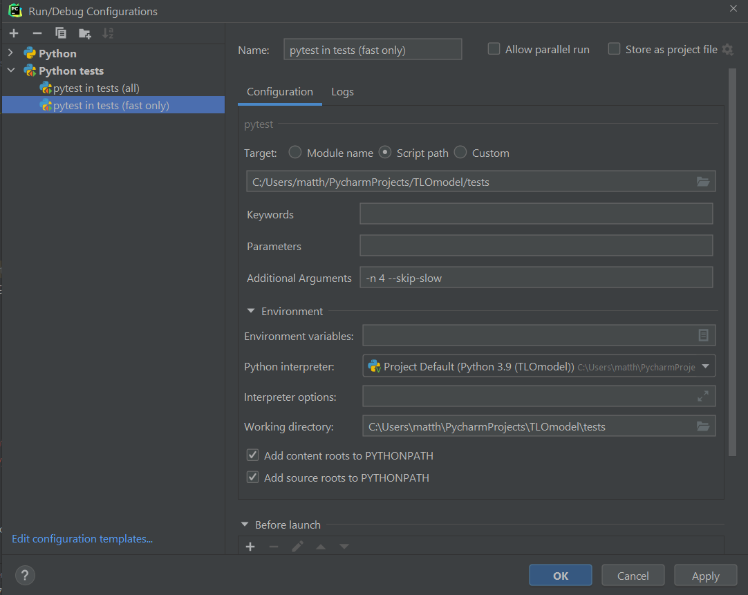 Run configuration - only fast tests