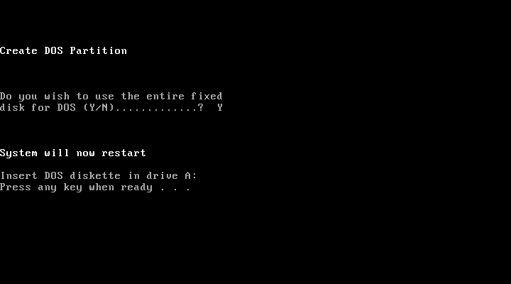 PC DOS 3.2 FDISK restart screen