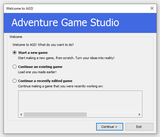 The "Welcome to AGS" dialog